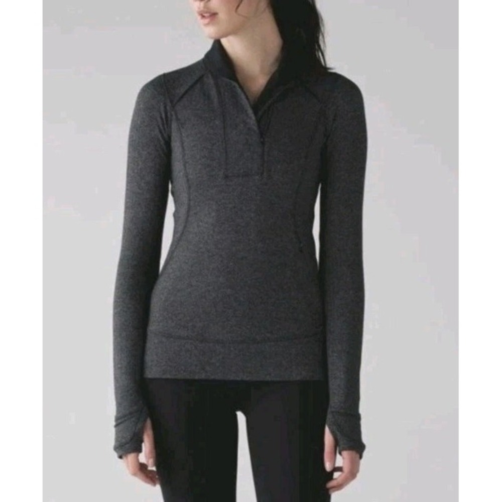 Lululemon Pullover Think Fast Quarter Zip Gray Black Herringbone Sweatshirt Sz 4 - Picture 1 of 13